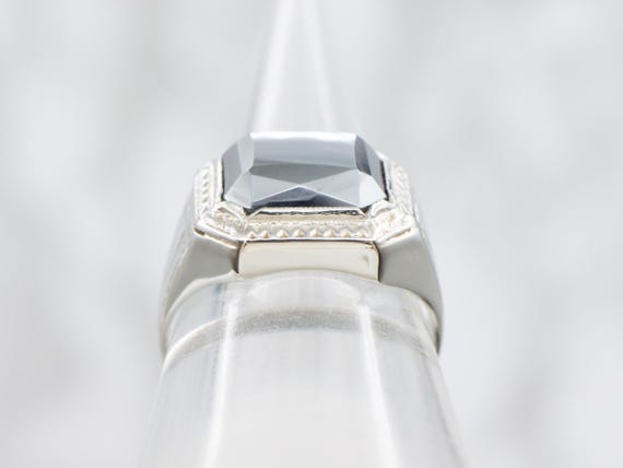 14K White Gold Hematite Ring, Emerald Cut, Retro … - image 3