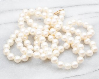 32 Inch White Pearl Necklace, 14K Yellow Gold Clasp