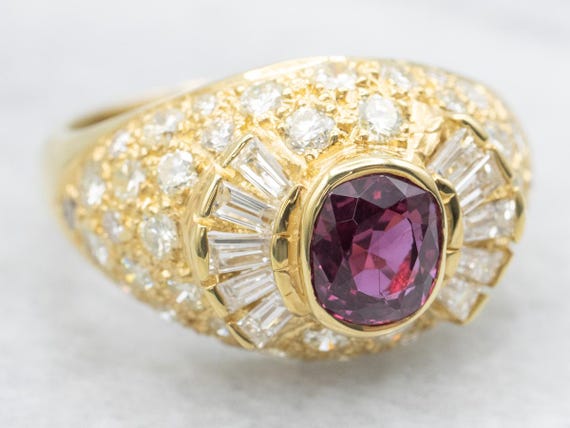 18K Gold Ruby Diamond Halo Ring, Baguette Accents - image 2
