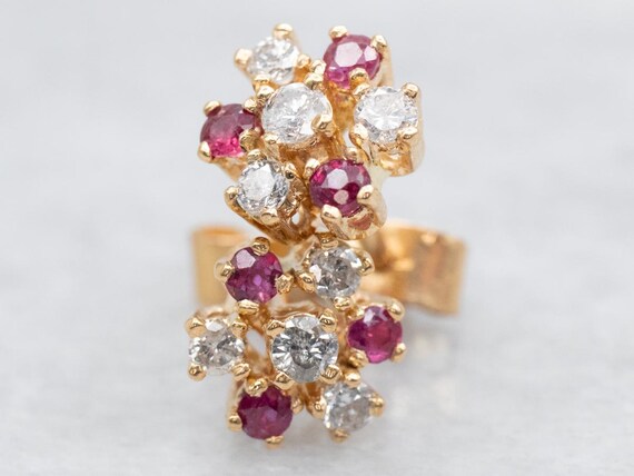 18K Yellow Gold Diamond Ruby Cluster Stud Earrings - image 2