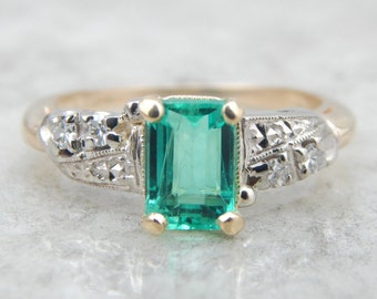 Colombian Emerald Engagement Ring, Vintage Emerald Diamond Gold Ring, Anniversary Ring, May Birthstone, 34Y40T