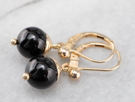 Vintage Black Onyx Drop Earrings, Onyx and Yellow
