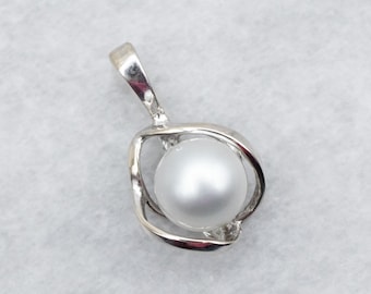 14K White Gold Pearl Solitaire Pendant, June Birthstone