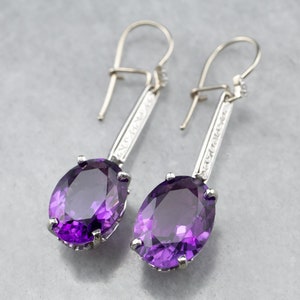Engraved Amethyst Drop Earrings, Amethyst and Diamond Earrings, White Gold Amethyst Earrings, Gemstone Earrings, Gifts for Her REEPAWCD
