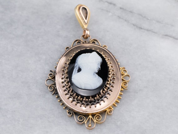 Onyx Cameo Gold Pendant, Antique Conversion Penda… - image 2