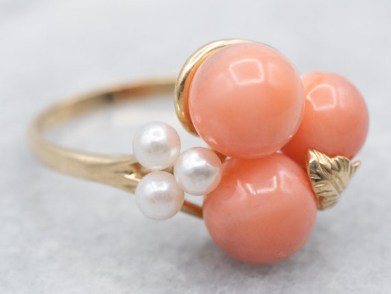 Mid Century Coral and Pearl Cocktail Ring, Yellow… - image 2