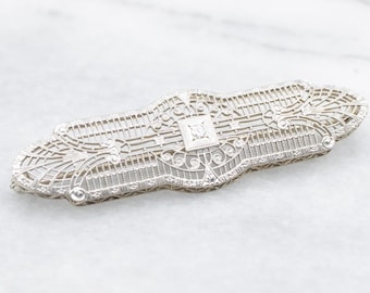 14K White Gold Art Deco Diamond Filigree Brooch