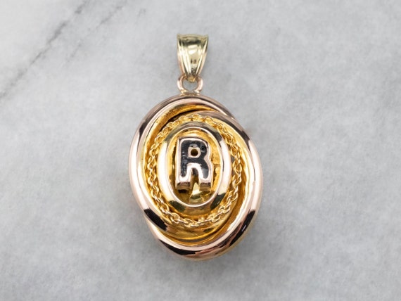 Large Gold R Monogramed Locket Two Tone Gold Enamel Locket
