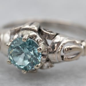 Blue Zircon Solitaire Ring, White Gold Filigree Ring, White Gold Zircon Ring, Birthstone Ring, Zircon Jewelry A15130