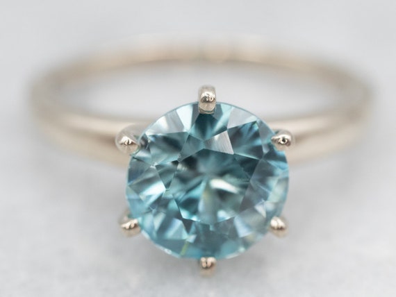 White Gold Blue Zircon Solitaire Ring, White Gold… - image 1