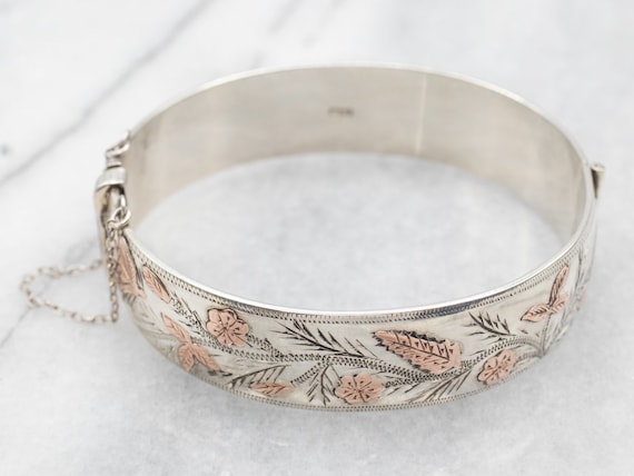 Vintage Engraved Bangle Bracelet, Etched Foliage … - image 1