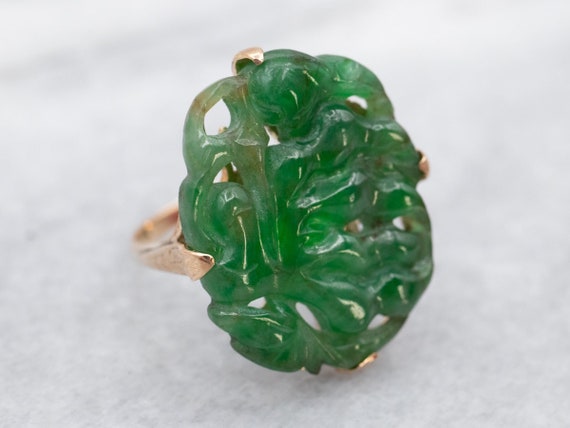 Vintage Carved Jade Cocktail Ring, Botanical Jade… - image 1