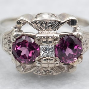 Vintage Rhodolite Garnet and Diamond Ring, Rhodolite Garnet Ring, Garnet and Diamond Ring, Vintage Ring, Garnet Ring, Statement Ring A9695