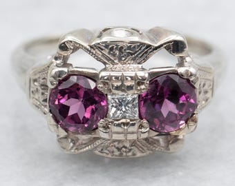 Vintage 14K White Gold Rhodolite Garnet Diamond Ring
