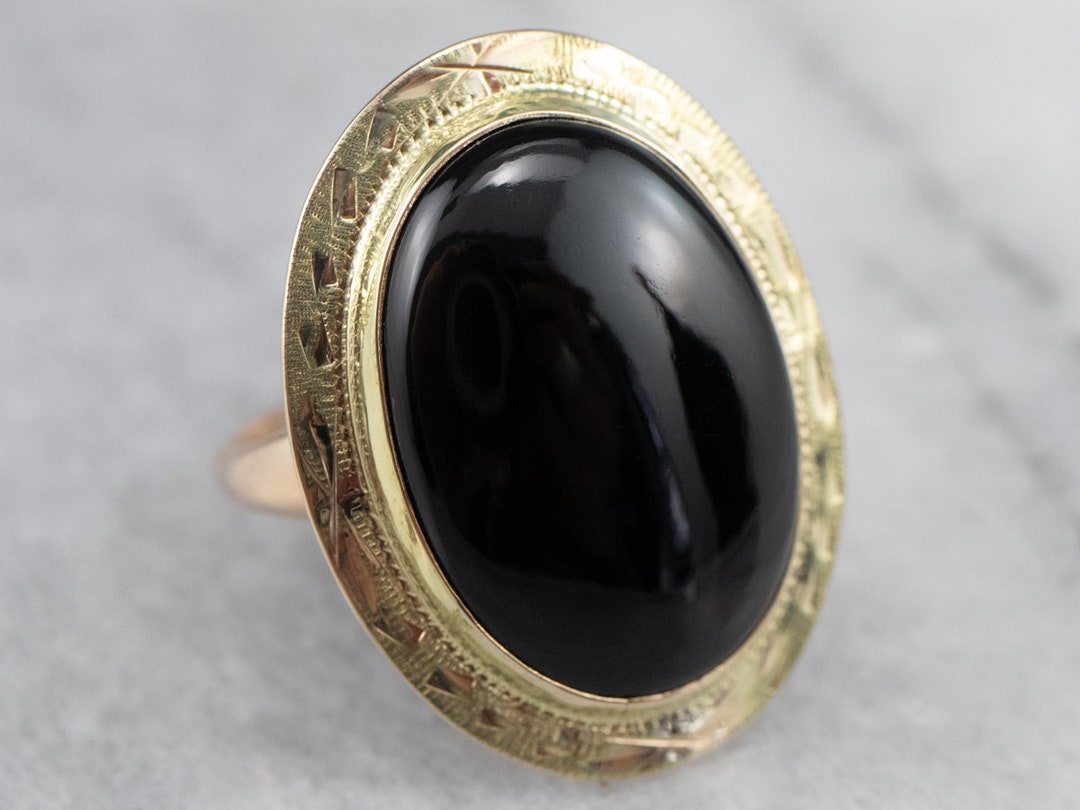 1940s Black Onyx Ring, Two Tone Gold Onyx Ring, Ladies Onyx Ring