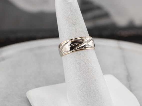 14K Yellow & White Gold Patterned Wedding Band, E… - image 7