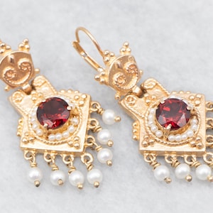 Yellow Gold Garnet and Seed Pearl Drop Earrings, Garnet and Seed Pearl Drop Earrings, Garnet Earrings, Drop Earrings, Earrings A23676