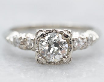 Vintage Old Mine Cut Diamond 18K White Gold Engagement Ring