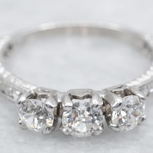 Platinum Art Deco Era Old Mine Cut Diamond Ring, Three Stone Diamond Ring, Anniversary or Engagement Ring, Antique Diamond Engagement A57898