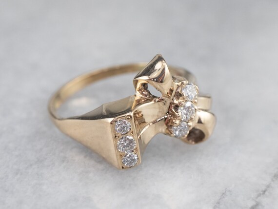 Gold Bow Diamond Ring, Retro Era Diamond Bow Ring… - image 2