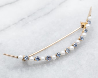 10K Gold Crescent Moon Brooch, Sapphire and Seed Pearl Pin