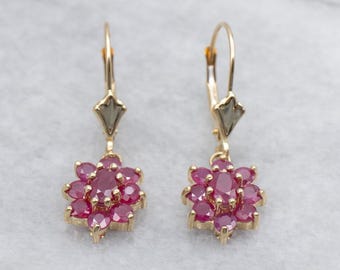 Vintage Glass-Filled Ruby Cluster Gold Drop Earrings