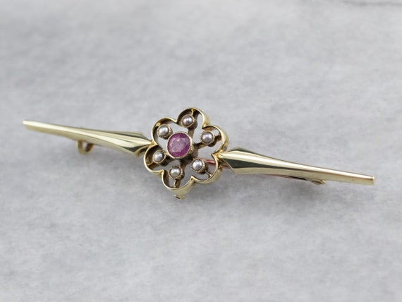Antique Pink Sapphire Seed Pearl Brooch, Victoria… - image 2
