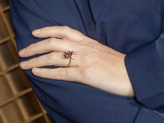 Vintage 14K Gold Ruby and Diamond Floral Cluster … - image 4