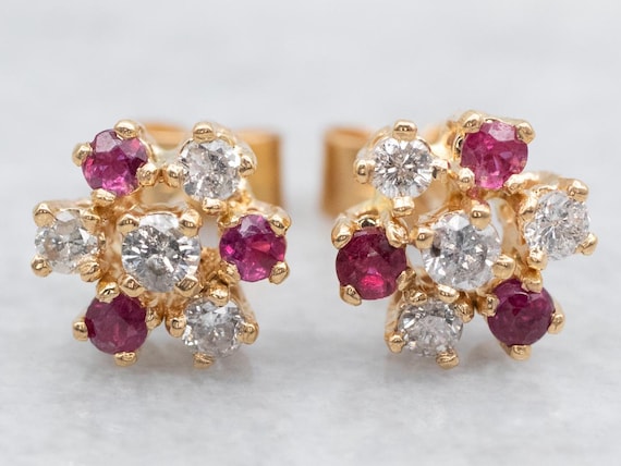 18K Yellow Gold Diamond Ruby Cluster Stud Earrings - image 1