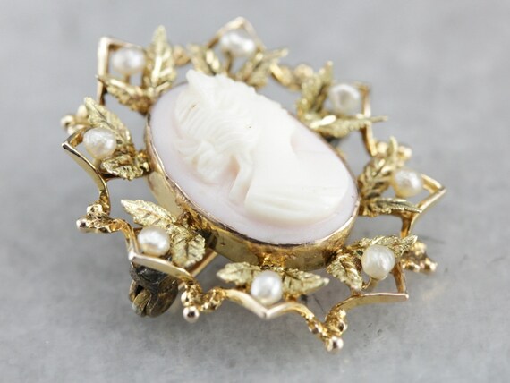 Art Nouveau Cameo Pin, Cameo and Seed Pearl, Came… - image 3