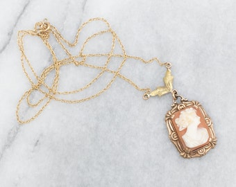 Vintage 10K Gold Cameo Pendant Necklace, 14K Rope Chain