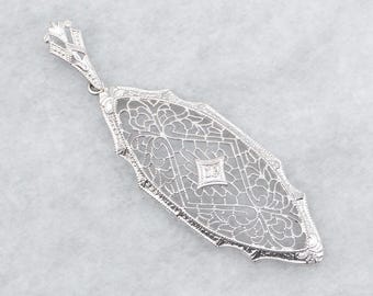 Art Deco Filigree Pendant, 10K White Gold Diamond Accent, Vintage Jewelry