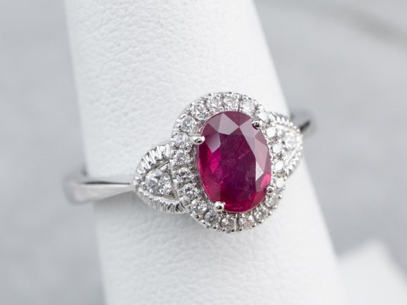 18K White Gold Ruby Diamond Halo Ring, Anniversar… - image 7