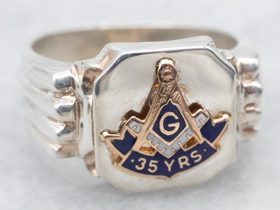 Masonic 35th Anniversary Ring, Enamel Sterling Si… - image 1