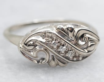 14K White Gold Diamond Band, Vintage Retro Era Ring
