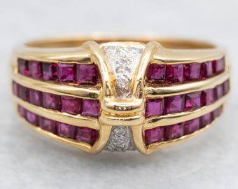 18K Gold Triple Ruby Row Ring, Diamond Accents, Size 6