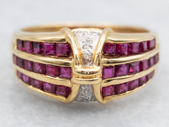 18K Gold Triple Ruby Row Ring, Diamond Accents, S… - image 1