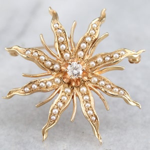 Victorian Diamond Starburst Brooch, Antique Pearl Gold Star Brooch, Bridal Jewelry, Anniversary Gift, Antique Diamond Pin 9AMJDN12