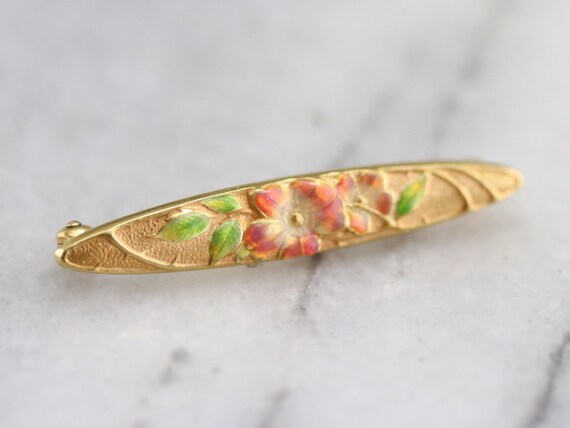 Art Nouveau Era Floral Pin, Antique Enamel Gold Pi