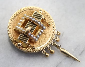 14K Yellow Gold Seed Pearl Medallion Brooch, Antique Upcycled Pin
