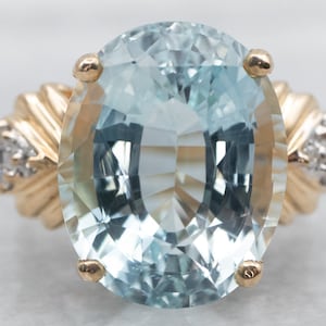Blue Topaz and Diamond Cocktail Ring, Yellow Gold Blue Topaz Ring, Topaz Statement Ring, Anniversary Gift, Large Gemstone Ring A37169