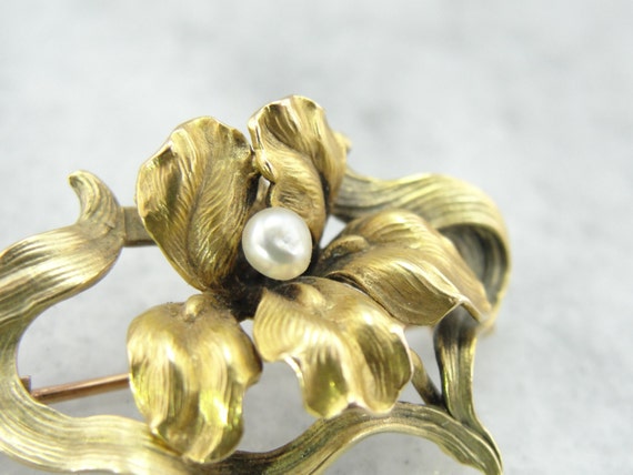 Art Nouveau Frilled Iris Pin with Pearl Center, L… - image 5