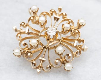 Victorian 14K Gold Old Mine Cut Diamond Pearl Brooch