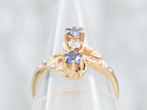 Antique Diamond Sapphire and Seed Pearl Ring, Yel… - image 3