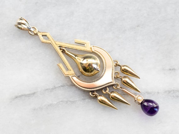 Amethyst and Seed Pearl Pendant, Vintage Yellow Gold Tassel