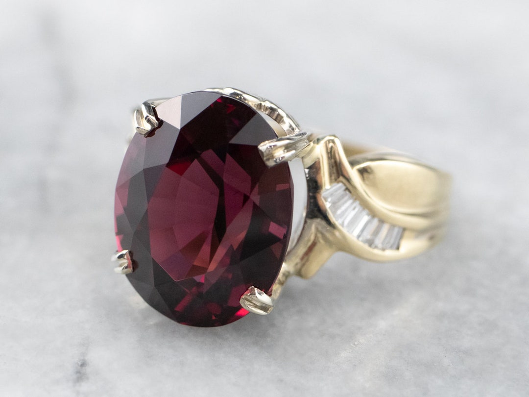 Vintage 14K Yellow Gold Garnet Ring With Diamond Accents - Etsy