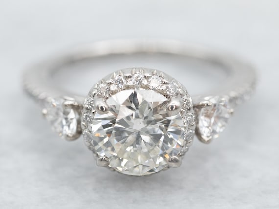 Platinum Diamond Halo Engagement Ring, Three Stone Anniversary Ring