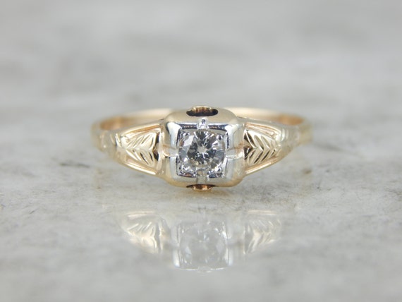 Retro Era Diamond Engagement Ring in Yellow and W… - image 1