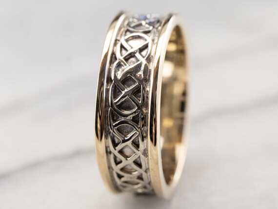 Patterned Two Tone Gold Wedding Band, Lattice Pat… - image 3