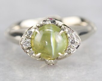 14K Weißgold Katzenauge Chrysoberyll Ring, Diamant Rubin Akzente